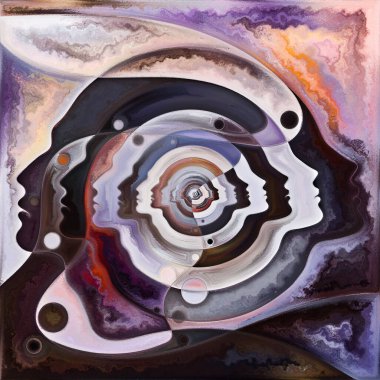 Çıkış Geometrisi. Gizli zihin serisi. İç yaşam, drama, şiir ve algı konuları için insan siluetlerinin, sanat dokularının ve renklerinin grafiksel kompozisyonu