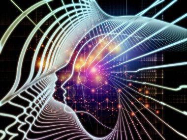 Zihin Bilimleri serisinden. İnsan siluetinden yapılmış spiral yüz çizgisi ve bilinç, akıl, yapay zeka ve teknoloji konularındaki soyut elementlerden yapılmış.