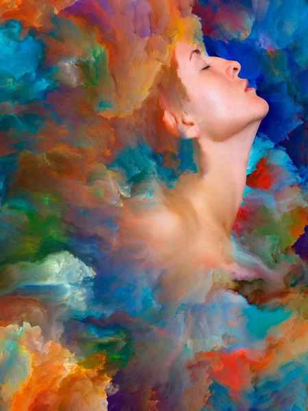 Abstraktes Gemälde Das Eine Junge Frau Imaginärer Flucht Zeigt Farben — Stockfoto