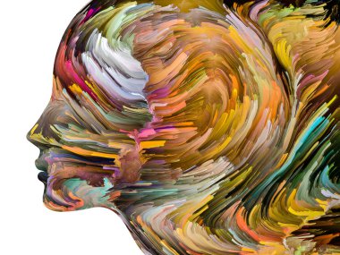 Rahatsız edici Düşünceler serisi. İnsan yüzü siluetinde desenli boya hareket halinde. İç dünya, zihin, psikoloji, depresyon, anksiyete, zihinsel hastalık, yaratıcılık ve soyut sanat konularındaki sanat çalışmaları.