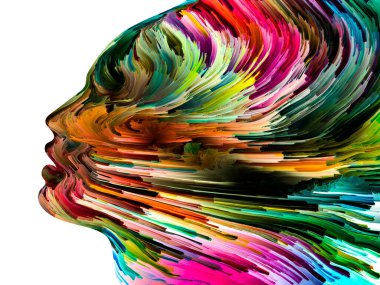 Rahatsız edici Düşünceler serisi. İnsan yüzü siluetinin içinde hareket halindeki koyu renk boya. İç dünya, zihin, psikoloji, depresyon, anksiyete, zihinsel hastalık, yaratıcılık ve soyut sanat konularındaki sanat çalışmaları.