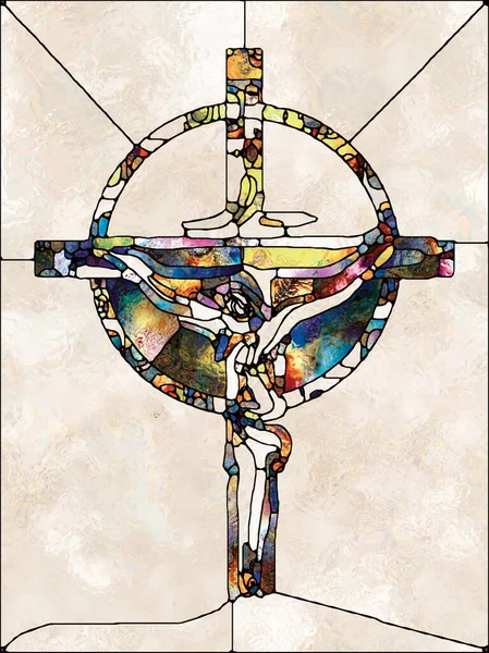 光の信仰 ステンドグラスシリーズのクロス キリスト教と自然界の断片化された統一のメタファーとしての有機的な教会の窓の色のパターンで構成されたデザイン — ストック写真