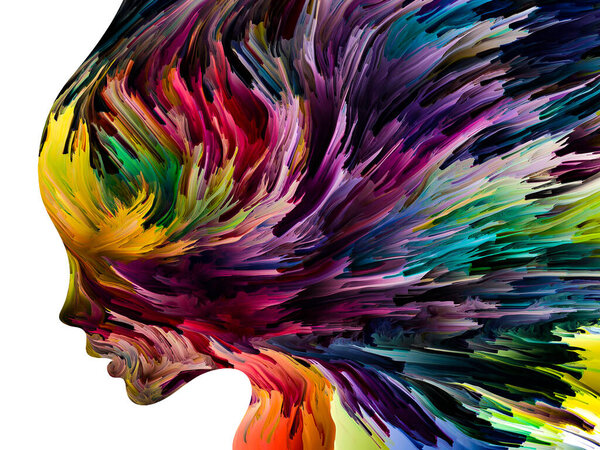 Disturbing Thoughts series. Thick paint in motion inside human face silhouette. Artwork on the subject of inner world, mind, psychology, depression, anxiety, mental illness, creativity and abstract art.