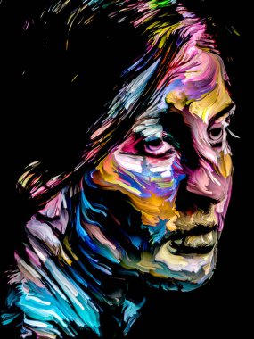 Canlı bir kadın. Yüz boyama serisi. Yaratıcılık, hayal gücü, resim ve görsel sanat teması üzerine siyah tuval üzerinde genç bir kadının renkli portresinin düzenlenmesi