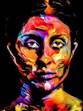 Parlak Bayan. Yüz boyama serisi. Yaratıcılık, hayal gücü, resim ve görsel sanatlar konusu için siyah tuval üzerinde genç bir kadının renkli portresinin kompozisyonu