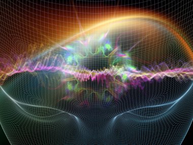 Zihin dalgası serisi. Bilinç, akıl, düşünce ve iç dünya üzerine soyut ışık dalgalarıyla insan yüzünün kablo çerçevesi..