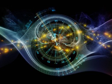 Parçacık Jeneratörü serisi. Modern teknolojiler, bilim, eğitim ve teorik araştırma konularındaki fraktal ışıkların, örüntülerin ve alanların arkaplanı.