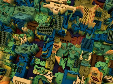 Yer Değiştirme Dünyası serisi. Bilim, modern teknoloji ve eğitim konularında soyut teknolojik örüntünün 3 boyutlu yorumlanması.