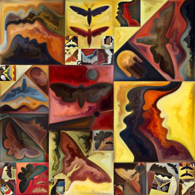 İç şifreleme serisi. Gizli anlamlar, kutsal yaşam, drama, şiir, mistisizm ve sanat konularındaki soyut organik formlar, sanat dokuları ve renklerin kolajı.