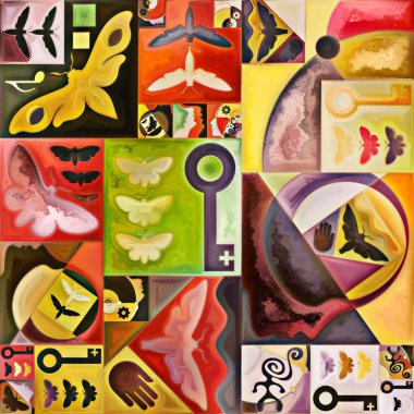Inner Encryption series. Colorful collage of abstract organic forms and  art textures on subject of hidden meanings, sacred life, drama, poetry, mysticism and art. clipart