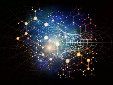 Moleküler yapı serisi. Soyut arkaplan üzerindeki soyut atomların bilim ve teknoloji konularındaki kristal ağa etkileşimi.