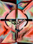 Zlomená víra. Řada Cross of Stained Glass. Pozadí složení organické církve barevný vzor okna na téma fragmentované jednoty ukřižování Krista a přírody