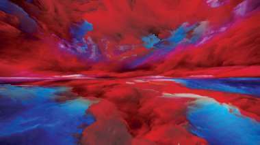 Işık Ülkesi. Gerçekliğe Kaçış dizisi. Doğaüstü günbatımı renklerinin soyut kompozisyonu ve manzara resmi, hayal gücü, yaratıcılık ve sanat projeleri için uygun desenler.