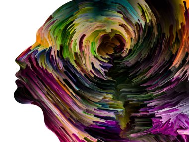 Rahatsız edici Düşünceler serisi. İnsan yüzü siluetinin içinde hareket halindeki kalın boya. İç dünya, zihin, psikoloji, depresyon, anksiyete, zihinsel hastalık, yaratıcılık ve soyut sanat konularındaki sanat çalışmaları.