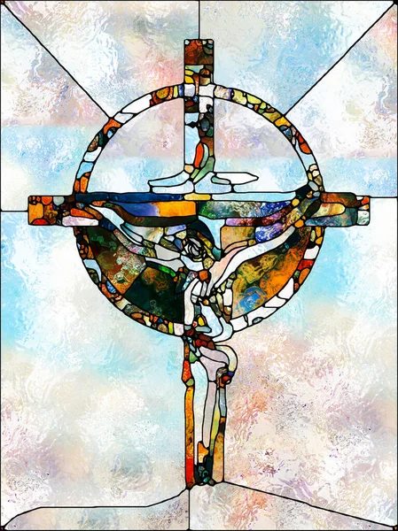 光之信 玻璃杯系列交叉系列 由有机教会窗户色彩图案构成的设计 象征着基督与自然的钉十字架的支离破碎的统一 — 图库照片