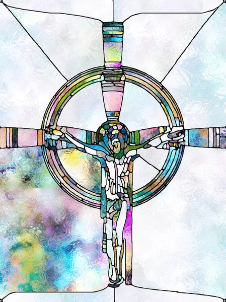 Spectral Color. Cross of Stained Glass series. Artistic abstraction composed of organic church window color pattern on the topic of fragmented unity of Crucifixion of Christ and Nature