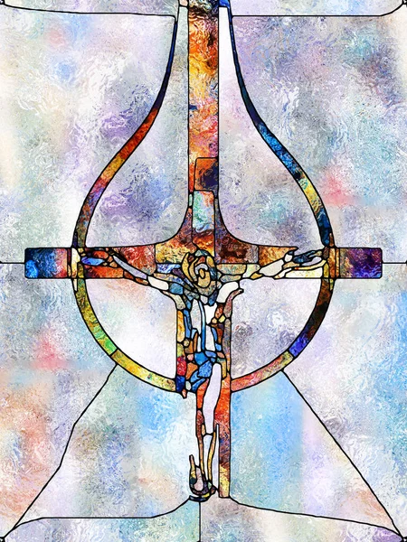 玻璃杯系列交叉系列 有机教会窗彩图案的设计 作为基督与自然钉十字架工程的背景 — 图库照片