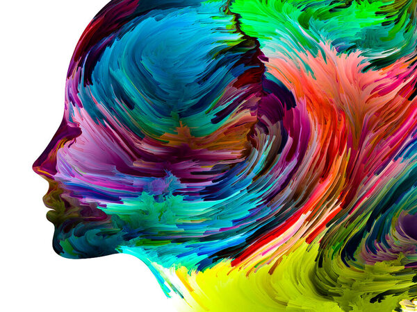 Disturbing Thoughts series. Liquid paint in motion inside human face silhouette. Artwork on the subject of inner world, mind, psychology, depression, anxiety, mental illness, creativity and abstract art.