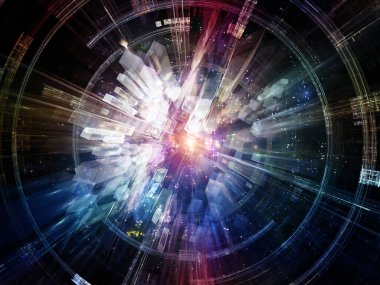 Teknoloji patlaması. Bilim, eğitim ve teknoloji konularında hızlı genişleme kavramını resmetmek için matematikle oluşturulmuş soyut elementler.