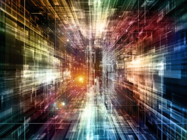 Sanal Teknoloji Uzayı serisi. Bilim, eğitim, iletişim ve modern teknoloji konularında üç boyutlu uzayda soyut elementlerin arkaplanı.