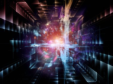 Sanal Teknoloji Uzayı serisi. Bilim, eğitim, iletişim ve modern teknoloji konularında üç boyutlu uzayda soyut elementlerin arkaplanı.