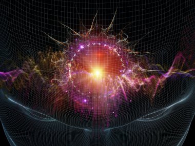 Zihin dalgası serisi. Bilinç, akıl, düşünce ve iç dünya üzerine soyut ışık dalgalarıyla insan yüzünün kablo çerçevesi..