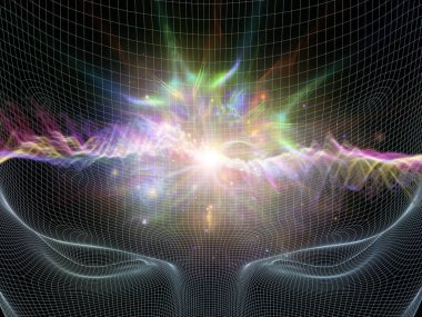 Zihin dalgası serisi. Bilinç, akıl, düşünce ve iç dünya üzerine soyut ışık dalgalarıyla insan yüzünün kablo çerçevesi..