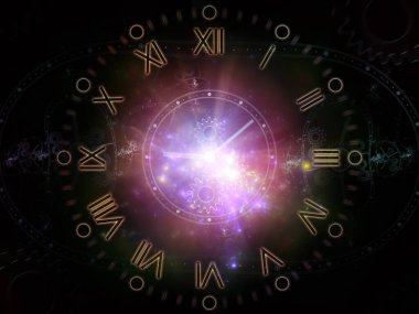 Zaman Ölçeği. Time serisinin yüzleri. Bilim, eğitim ve modern teknolojiler konularındaki saat kadranları ve soyut unsurlardan oluşan sanatsal soyutlama