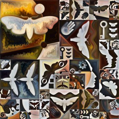 İç şifreleme serisi. Gizli anlamlar, kutsal yaşam, drama, şiir, mistisizm ve sanat konularındaki soyut organik formların ve sanat dokularının renkli kolajı.