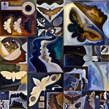 İç şifreleme serisi. Gizli anlamlar, kutsal yaşam, drama, şiir, mistisizm ve sanat konularındaki soyut organik formların ve sanat dokularının renkli kolajı.