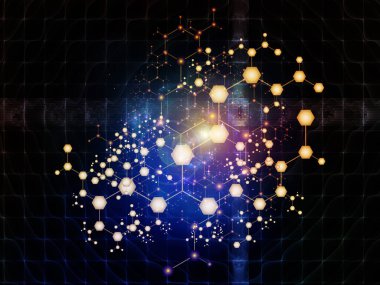 Moleküler yapı serisi. Bilim ve teknoloji konularında soyut atomların kristal ağa geçişi.