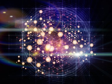 Moleküler yapı serisi. Soyut arkaplan üzerindeki soyut atomların bilim ve teknoloji konularındaki kristal ağa etkileşimi.