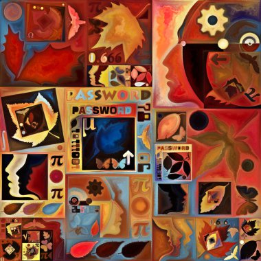 Tao Geometri. Gizli şifre serisi. İç hayat, drama, şiir ve algı konuları için insan siluetlerinin, sanat dokularının ve renklerinin kompozisyonu