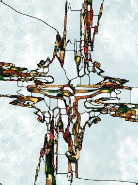 Renk inancı. Lekeli Camların Haçı serisi. İsa ve Doğa 'nın çarmıha gerilmesinin parçalanmış birliği için organik kilise pencere desenlerinin etkileşimi