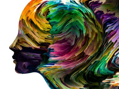 Rahatsız edici Düşünceler serisi. İnsan yüzü siluetinde desenli boya hareket halinde. İç dünya, zihin, psikoloji, depresyon, anksiyete, zihinsel hastalık, yaratıcılık ve soyut sanat konularındaki sanat çalışmaları.