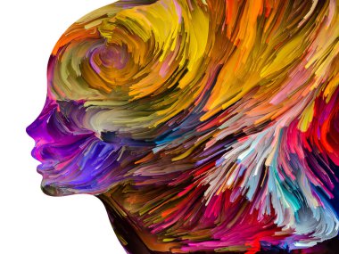 Rahatsız edici Düşünceler serisi. İnsan yüzü siluetinde desenli boya hareket halinde. İç dünya, zihin, psikoloji, depresyon, anksiyete, zihinsel hastalık, yaratıcılık ve soyut sanat konularındaki sanat çalışmaları.