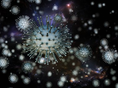 Virüs Mantığı. Viral Salgın Serisi. Coronavirus parçacıklarının etkileşimi ve virüs, salgın, enfeksiyon, hastalık ve sağlıkla ilgili mikro uzay elementleri