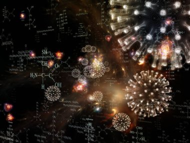 Virüs Mantığı. Viral Salgın Serisi. Coronavirus parçacıklarının etkileşimi ve virüs, salgın, enfeksiyon, hastalık ve sağlıkla ilgili mikro uzay elementleri