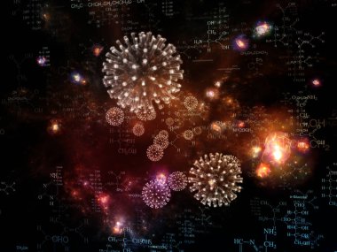 Coronavirus Mikro Dünyası. Viral Salgın Serisi. Koronavirüs parçacıkları ve mikro uzay elementlerinden oluşan soyut tasarım virüs, salgın, enfeksiyon, hastalık ve sağlıkla ilgili