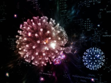 Coronavirus Evreni. Viral Salgın Serisi. Coronavirus parçacıklarının ve mikro uzay elementlerinin virüs, salgın, enfeksiyon, hastalık ve sağlık konularındaki arka plan tasarımı