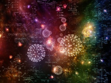 Coronavirus Mikro Dünyası. Viral Salgın Serisi. Koronavirüs parçacıkları ve mikro uzay elementlerinden oluşan soyut tasarım virüs, salgın, enfeksiyon, hastalık ve sağlıkla ilgili