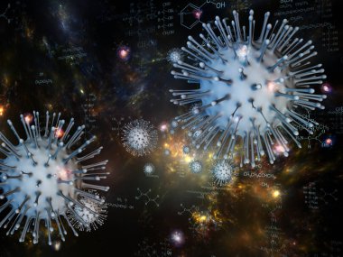Coronavirus Evreni. Viral Salgın Serisi. Coronavirus parçacıklarının ve mikro uzay elementlerinin virüs, salgın, enfeksiyon, hastalık ve sağlık konularındaki arka plan tasarımı