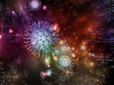Coronavirus Boşluğu. Viral Salgın Serisi. Coronavirus parçacıkları ve mikro uzay elementlerinden oluşan tasarım virüs, salgın, enfeksiyon, hastalık ve sağlık metaforu
