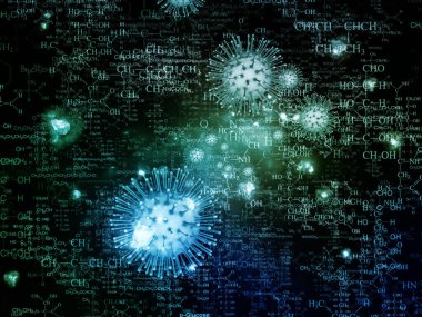 Coronavirus Dünyaları. Viral Salgın Serisi. Virüs, salgın, enfeksiyon, hastalık ve sağlık projelerinde kullanılmak üzere Coronavirus parçacıkları ve mikro uzay elementlerinin arkaplanı