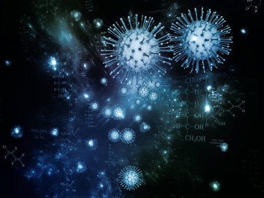 Coronavirus Dünyaları. Viral Salgın Serisi. Virüs, salgın, enfeksiyon, hastalık ve sağlık projelerinde kullanılmak üzere Coronavirus parçacıkları ve mikro uzay elementlerinin arkaplanı