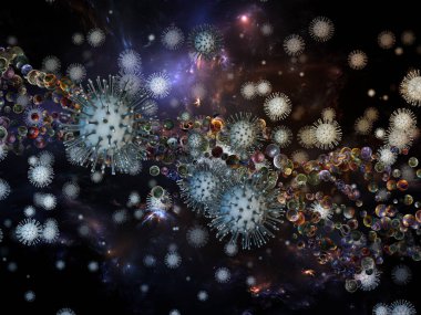 Coronavirus Gerçekliği. Viral Salgın Serisi. Virüs, salgın, enfeksiyon, hastalık ve sağlık konularındaki tasarımları tamamlamak için Coronavirus parçacıkları ve mikro uzay elementlerinin arkaplanı