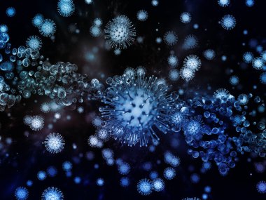 Coronavirus Araştırma. Viral Salgın Serisi. Coronavirus parçacıklarının soyut bileşimi ve mikro uzay elementleri virüs, salgın, enfeksiyon, hastalık ve sağlıkla ilgili projelerde uygundur.