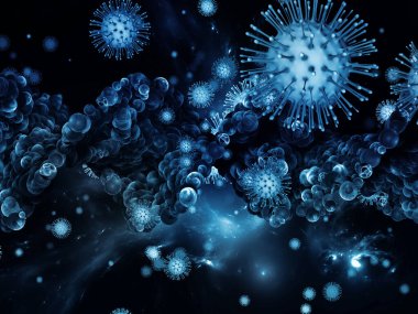 Coronavirus Araştırma. Viral Salgın Serisi. Coronavirus parçacıklarının soyut bileşimi ve mikro uzay elementleri virüs, salgın, enfeksiyon, hastalık ve sağlıkla ilgili projelerde uygundur.