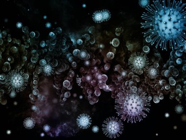 Coronavirus Mantığı. Viral Salgın Serisi. Virüs, salgın hastalık, hastalık ve sağlık konuları için Coronavirus parçacıklarının ve mikro uzay elementlerinin grafiksel bileşimi