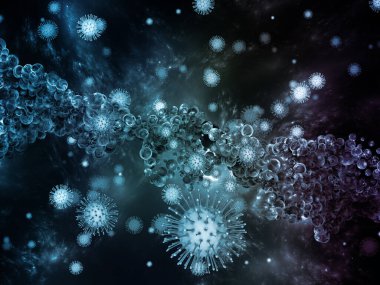 Coronavirus Mantığı. Viral Salgın Serisi. Virüs, salgın hastalık, hastalık ve sağlık konuları için Coronavirus parçacıklarının ve mikro uzay elementlerinin grafiksel bileşimi